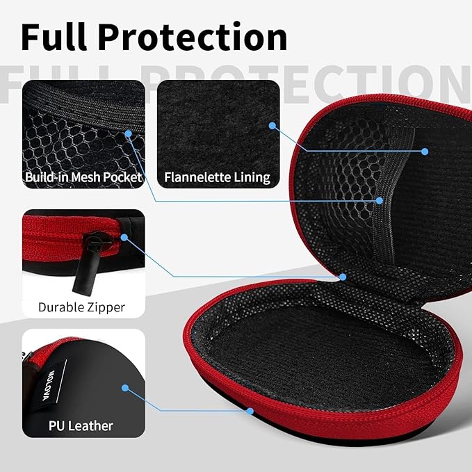 MOLOVA for Earbuds Carrying Case, Small Oval Storage Cases, Tech Pouch, Portable Storage Earbud Pouch Bag for Earbuds, in-Ear Headphones, Earphones, Headsets, Hearing Aids, USB Charging Cable, Red