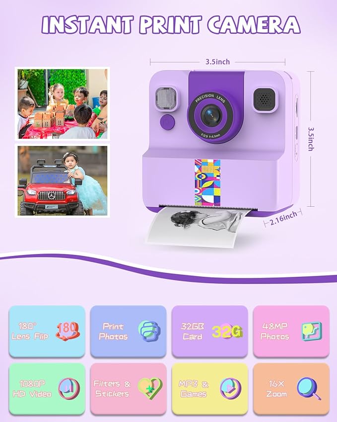 Kids Camera Instant Print, Digital Camera for Kids, 180° Rotating Selfie Lens with 32GB SD Card & 2 Rolls Printing Paper Kids Toy Birthday Gifts for Boys Girls Ages 3-12, Purple