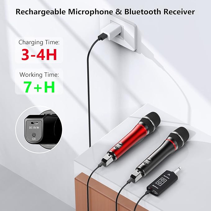 Bietrun Wireless Microphone, 240FT Rechargeable UHF Metal Dual Cordless Handheld Dynamic Mics with Bluetooth for Karaoke Machine, PA System Speaker, Mixer, Party, Church, Wedding(Red)