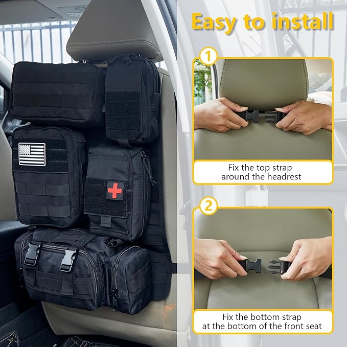Universal Tactical Car Seat Back Organizer Bag Tactical Molle Vehicle Organizers Panel Gear Accessories with 5 Different Size Molle Pouches for Car Truck Ford Jeep Vehicle (B style-Black)