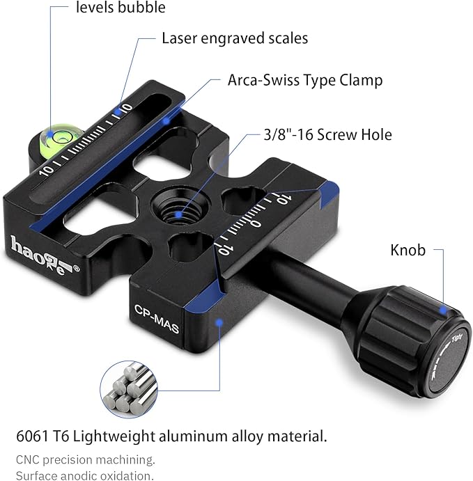 Haoge CP-MAS Screw Knob Clamp Adapter Mount for Quick Release QR Plate Camera Tripod Ballhead Monopod Ball Head Fit Arca Swiss and Manfrotto 200PL-14 RC2 Plate