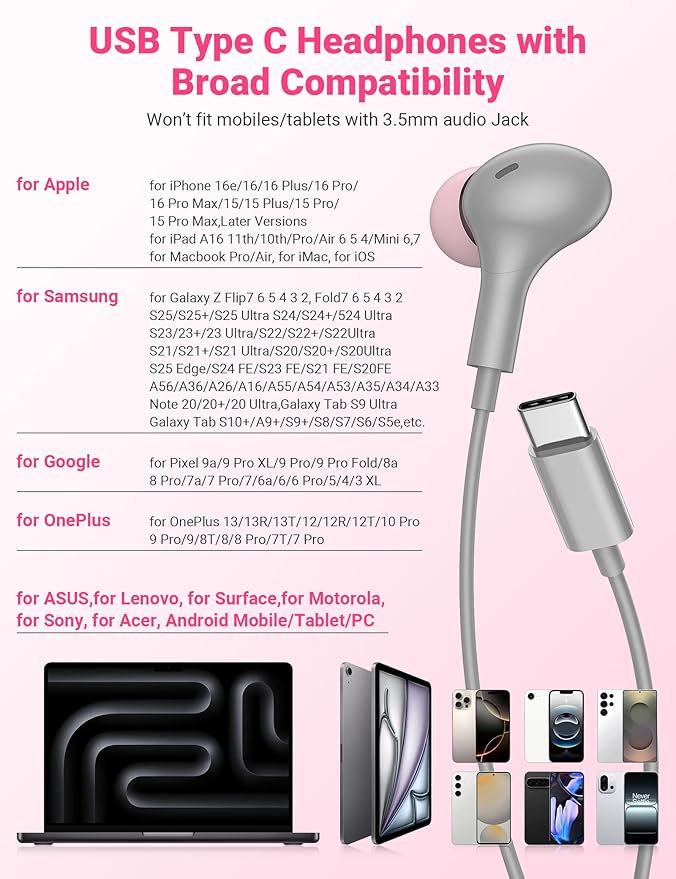 USB C Earbuds with Microphone Cute in Ear Wired Headphone USB-C Plug Ear Buds Corded Head Phone Magnetic Type C Earphone for iPhone 17 Pro Max 16 Plus 15 16e for Samsung A17 A16 S26 S25 S24