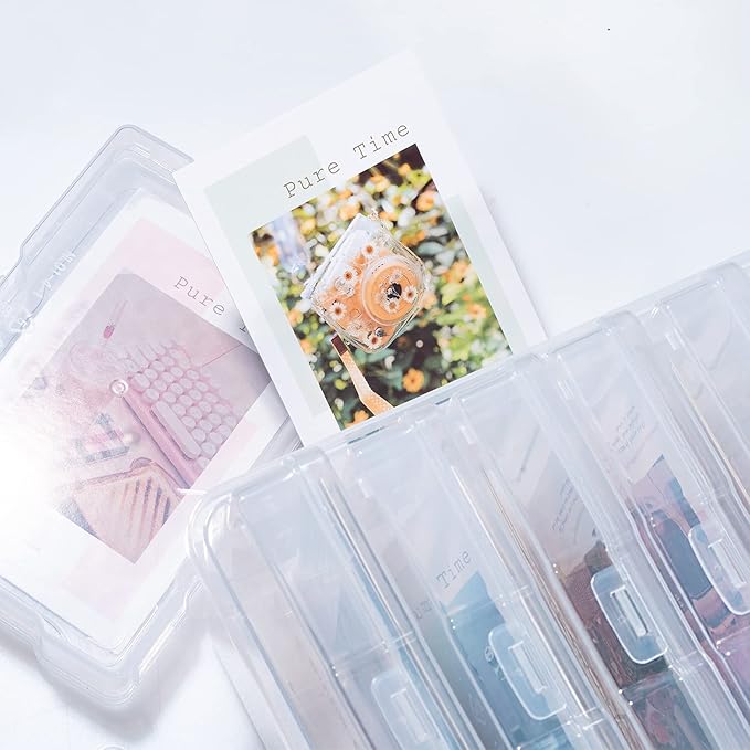 novelinks Transparent 4" x 6" Photo Organizers and Photo Storage Box with Handle, 16 Inner Photo Cases, Portable Picture Organizers & Photo Storage Containers (Clear-Gold Handle)