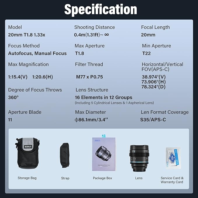 SIRUI 20mm T1.8 1.33X Anamorphic Lens, S35 Autofocus Lens for L Mount Cameras, DC-S5/S5M2, DC-S1/S1H/S1R, DC-S9, SL1, CL, FP, FPL (Blue Flare)