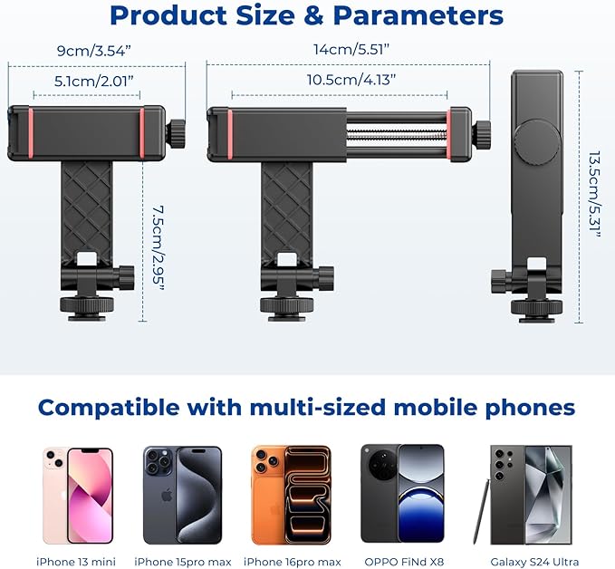Phone Tripod Mount with Remote Controller, New Universal Smartphone Mount Adapter with Cold Shoe, 360° Rotates Cell Phone Clip Clamp Holder, Compatible with iPhone, Samsung and All Phones