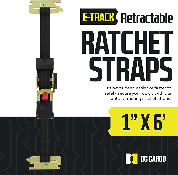 DC Cargo Mall E Track Retractable Ratchet Tie Down Straps Heavy Duty 1,500 lb Break Strength - Trailer E Track Accessories for Secure, Safe Transport 1" x 6' (2 Pack)