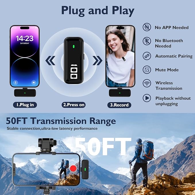 Upgraded 3 in 1 Wireless Lavalier Microphones with Charging Case for iPhone&USB C Android&Laptop,Noise Cancelling Lapel Mic Cordless Mini Mic for Video Recording Vlogging, YouTube, Interview
