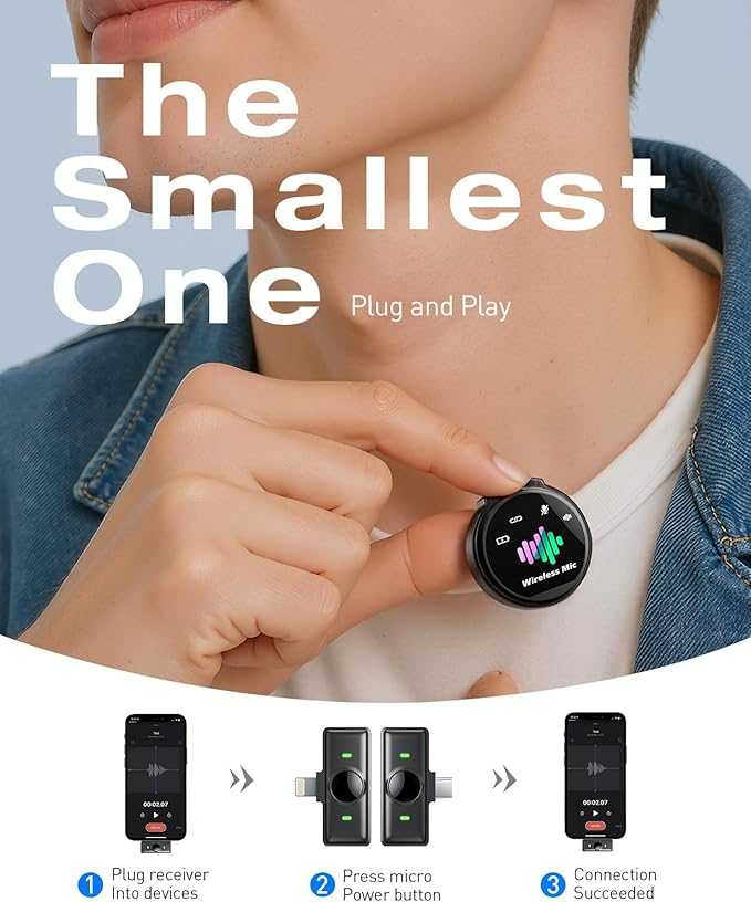 Wireless Lavalier Microphone for iPhone: Mini Microphones for Android Equipment - Noise Reduction Lapel Mic for Professional Recording - 80h Battery Life - 48KHz Studio Sound