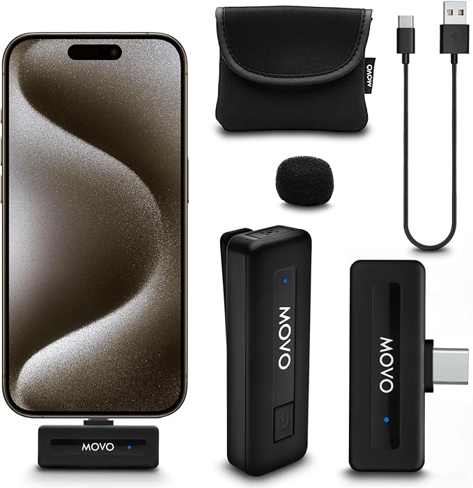 Movo Wireless Mini USB-C Wireless Microphone for iPhone 15/16/17 - Microphone Compatible with Pro Max - 10HR Battery Life, 164ft Range