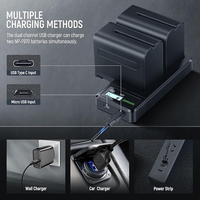 NEEWER 2Pcs NP-F970 7800mAh Replacement Batteries with Charger/Cleaning Cloth, Compatible with Sony NP-F970 F960 F950 F770 F750 F570 F550 FX3 FX30 A7 Canon R5 Nikon Z8 Cameras, for Handycam LED Light