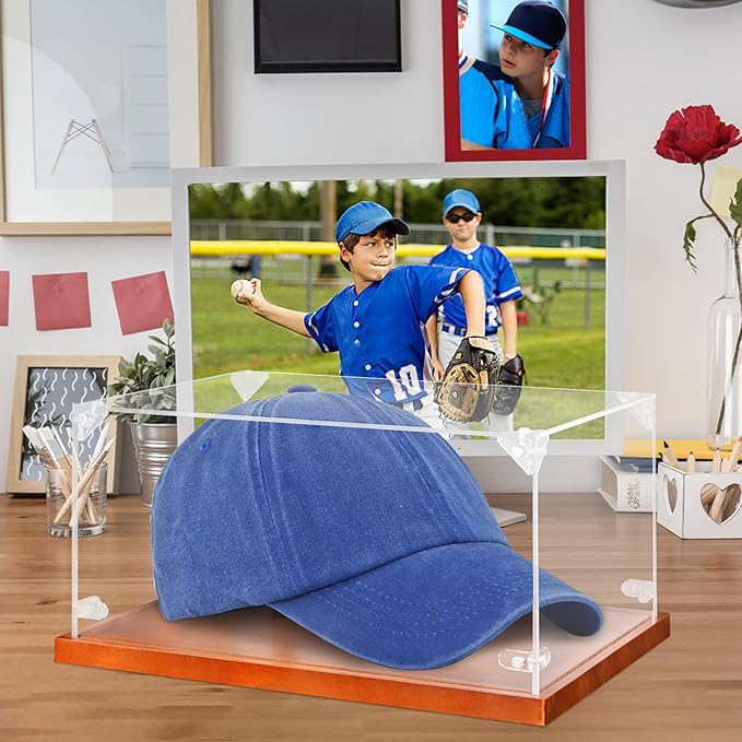Hooqict Hat Display Case Acrylic Clear Full Size Baseball Hat Case Display Holder Stand with Solid Wood Base UV Protected for Ball Cap Storage Organizer Sports Collections Memorabilia