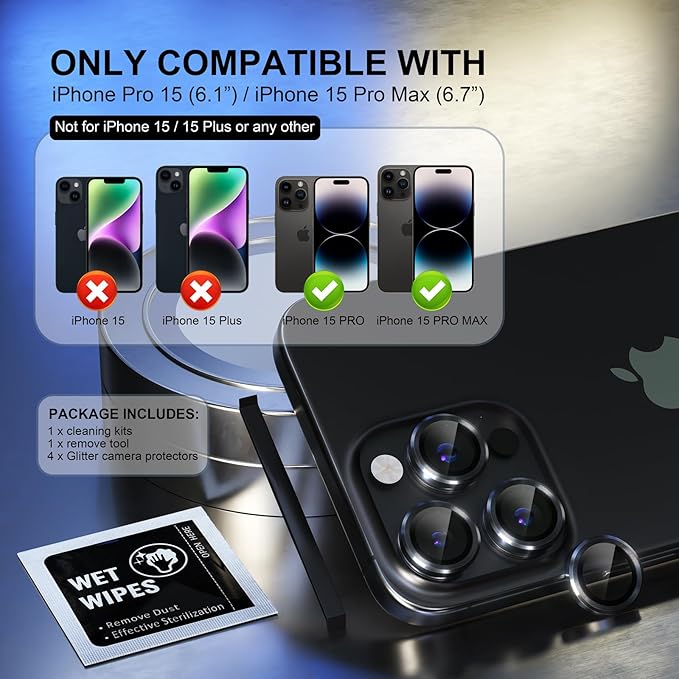 Choiche Compatible for iPhone 15 Pro/iPhone 15 Pro Max Camera Lens Protector, 9H Tempered Glass Camera Cover Screen Protector Metal Ring Decoration Accessories (Black)