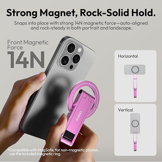 ULANZI MA60 Magnetic Phone Tripod Stand for iPhone - Aluminium Smartphone Mini Tripod Pocket Cell Phone Stand Strong Magnet Quick Mount Compatible with iPhone 16 15 14 13 14 Series, Pink
