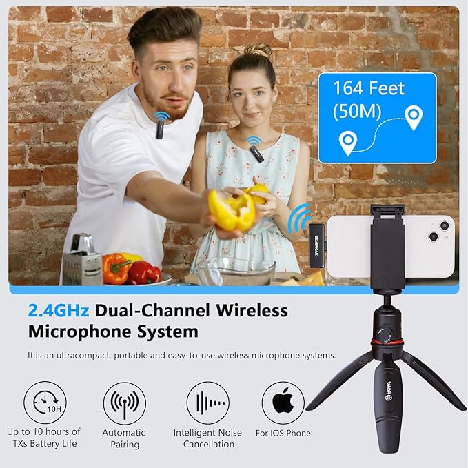 Sevenoak Wireless Lavalier Microphone for iPhone,MFi Certified, Plug Play Noise Cancelling Lapel Mic with 196ft Transmission,10H Working Time,Cordless Clip on Mic for Video Recording Live Streaming