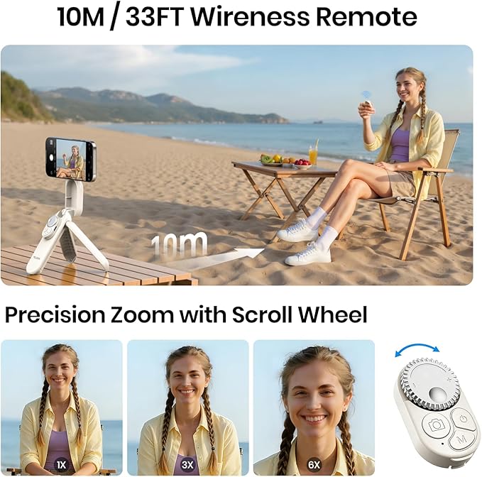 Multifunctional Magnetic Selfie Stick Tripod, 360° Rotation Portable Extendable Phone Stand for Video Recording & Vlog, Pocket Size for iPhone Android Smartphones (White)