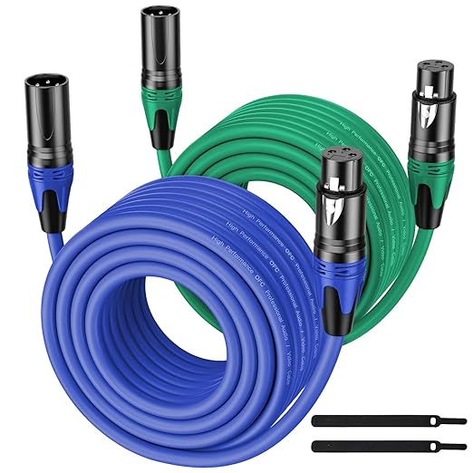XLR Cable 50FT 2Pack Green+Blue- Premium Balanced Microphone Cable 3-Pin XLR Male to Female Mic Speaker Cable, Pure Copper and Plated Conductors