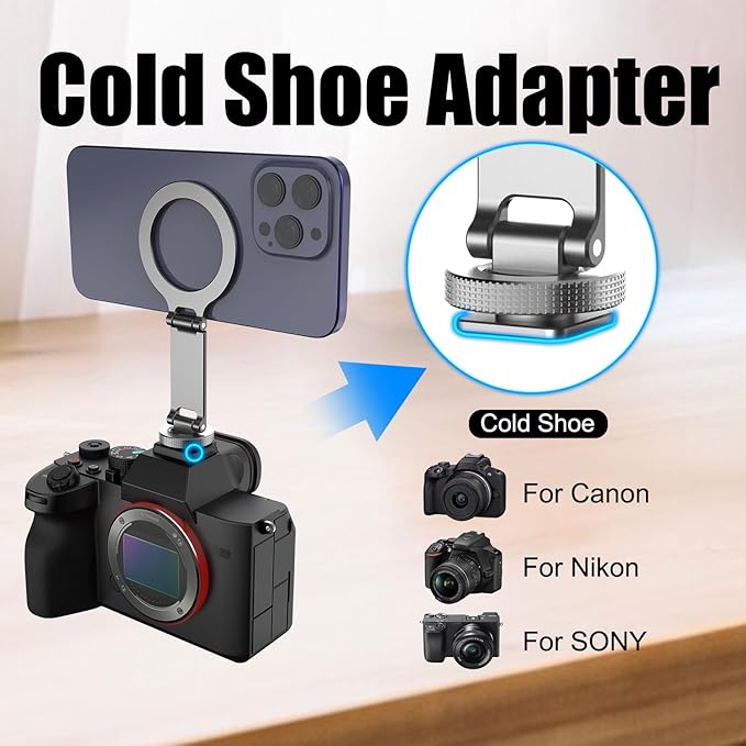 Magnetic Phone Tripod Clamp, Aluminum Magnetic Cold Shoe Camera Mount Compatible for iPhone 17/16/15/14/13 Pro Max, MAG Adapter Holder with 1/4" Screw for Photography