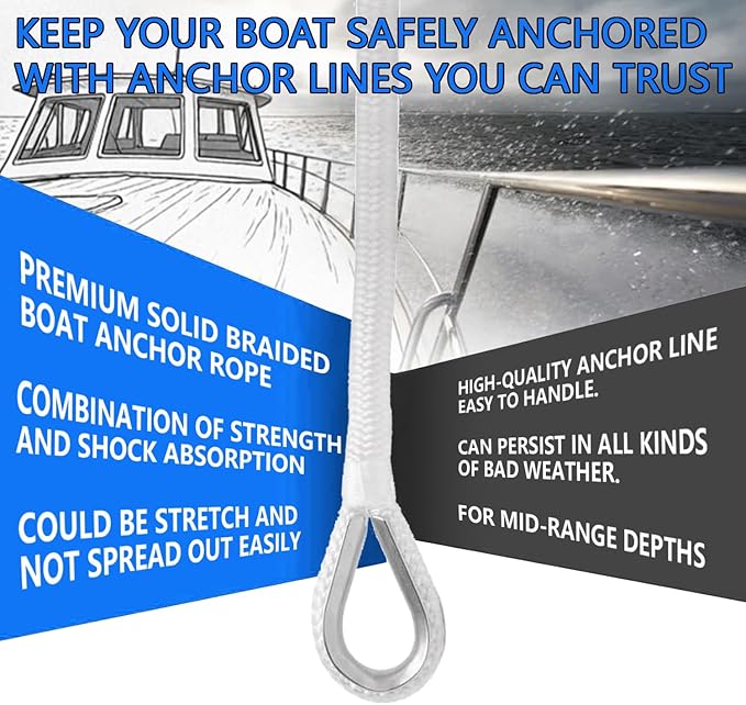 Boat Anchor Rope 3/8" x 100' Premium Solid Double Braided Nylon Anchor Line,with 1/4" x 4' Stainless Steel Anchor Chain,with Thimble & Shackle (White)