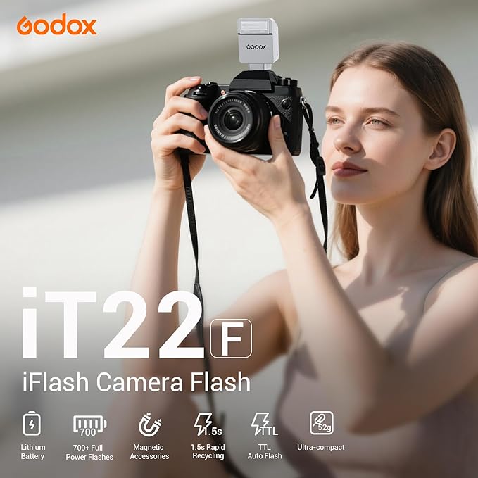 Godox iT22 N Mini Camera Flash for Nikon with 7.4V 300mAh Battery Manual/TTL Modes 700+Flashes 1.5s Recycle Hot Shoe Flash with Diffuser/Color Filters Accessories for Nikon Camera (Silver)