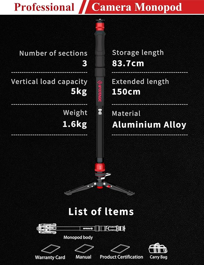 IFOOTAGE Cobra 3 Strike Monopod with Fluid Head K5S, 59" Camera Monopod with Pedal Locking, One-Step Rapid Height Adjustment, for Shooting Bird/Animal/Sports Event/Wedding/Live Show