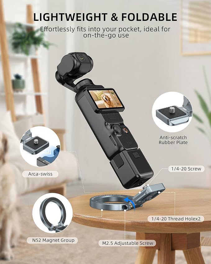 Magnetic Mount Stand Compatible with DJI Osmo Pocket 3, MG-OP3 Pocket3 Adapter Magnet Expansion Phone Holder with 1/4”-20, Arca-Swiss Aluminum Alloy Bracket