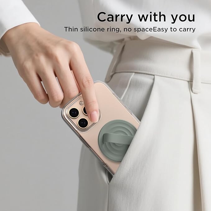 Magnetic Phone Grip Ring Holder, Liquid Silicone Magnet Cell Phone Grip Finger Loop, Compatible with Magsafe, Back of Phone for iPhone 17/16/15/14/13/12 Series, Calke Green