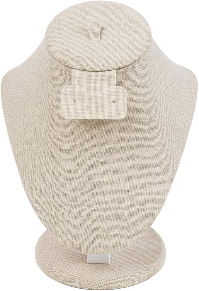 MOOCA Linen Covered Wood Jewelry Display Necklace Chain Jewelry Bust Stand, Necklace Display Mannequin Bust, 8 7/8" in Height, Tan Linen