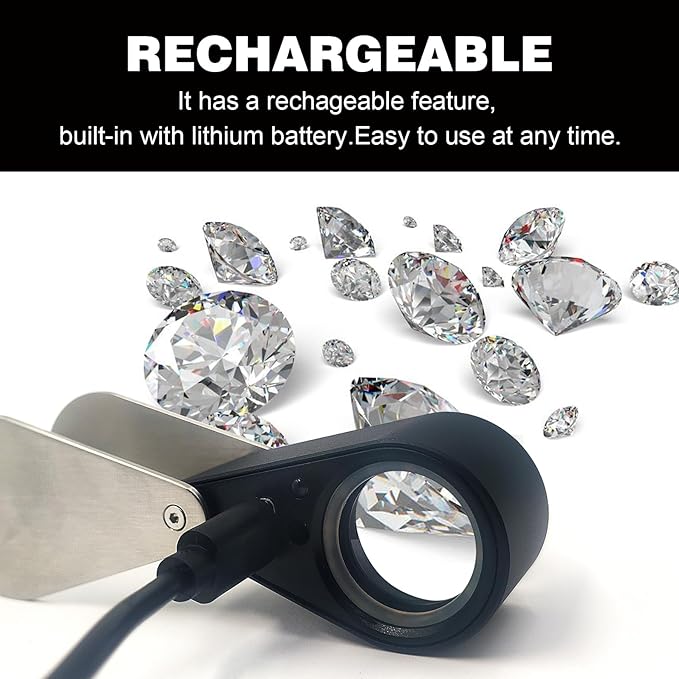 10X Rechargeable Jewelers Loupe with UV & LED Lights, Four Light Modes, Illuminated 22mm Eye Loop Magnifier Pocket Folable Jewelry Magnifying Glass for Jewelry, Currency, Gemstone, Coins, Stamps