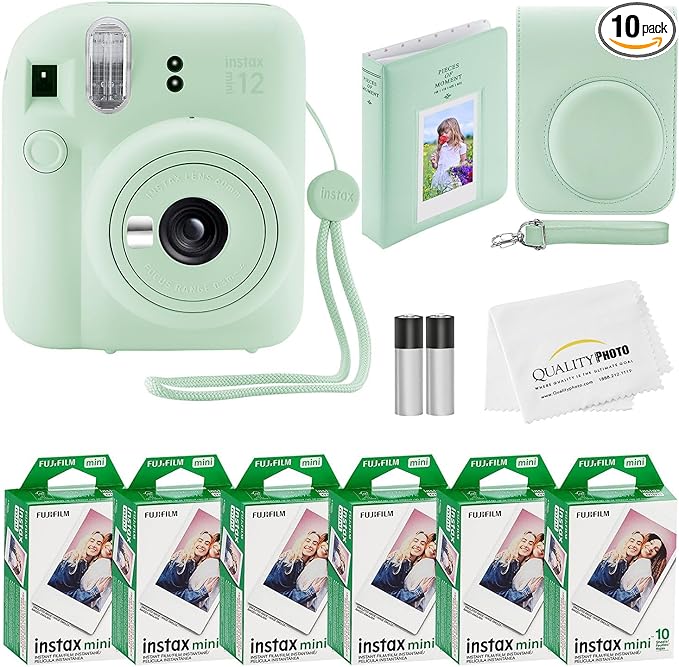 Fujifilm Instax Mini 12 Instant Camera + 60 Photo Prints + Quality Photo Value Bundle, Case, Decoration Stickers, Frames, Photo Album, (Mint Green)