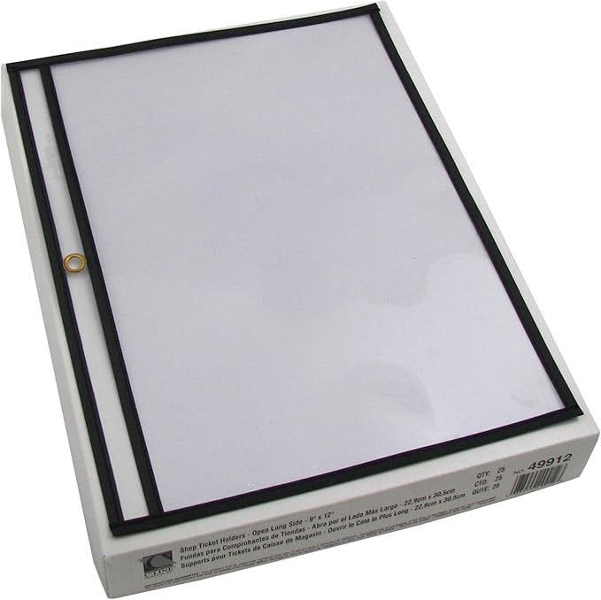 C-Line Stitched Shop Ticket Holders, Both Sides Clear, Open Long Side, 12 x 9 Inches, 25 per Box (49912)