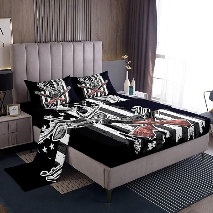 Erosebridal Deer Sheet Set American Flag Bedding King Size Hunting Theme Bed Sheets Western Rustic Farmhouse Decor Fitted Sheet Wild Animal Elk Print Flat Sheet USA Flag Sheets 4 Pcs