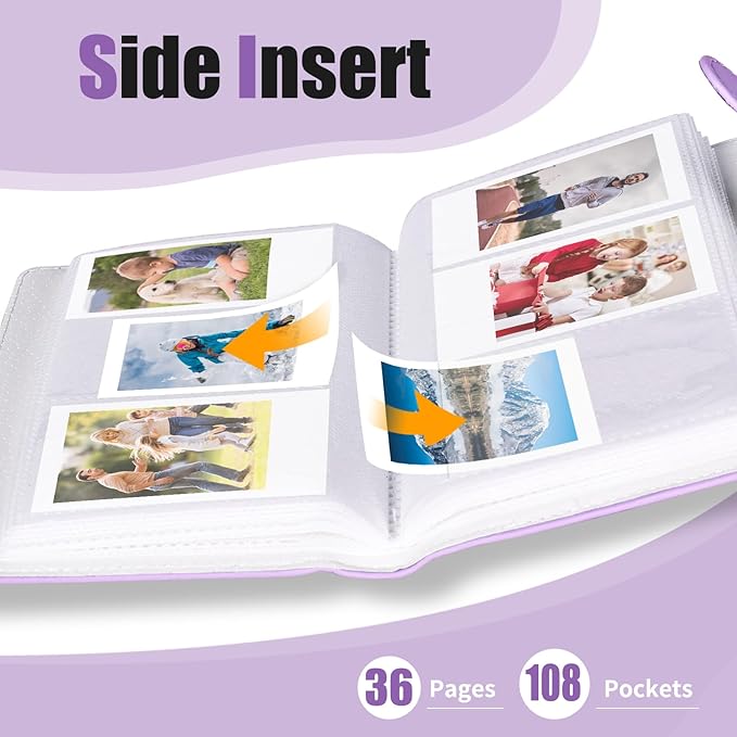 Riosin 108 Pockets Mini Album Compatible with Fujifilm Instax Mini film, Suitable for Instax Mini 12/11/7+/9/Evo/Link 2, 2x3"Photo Album for Canon ivy 2 Kpop Photocard(Lilac Purple)