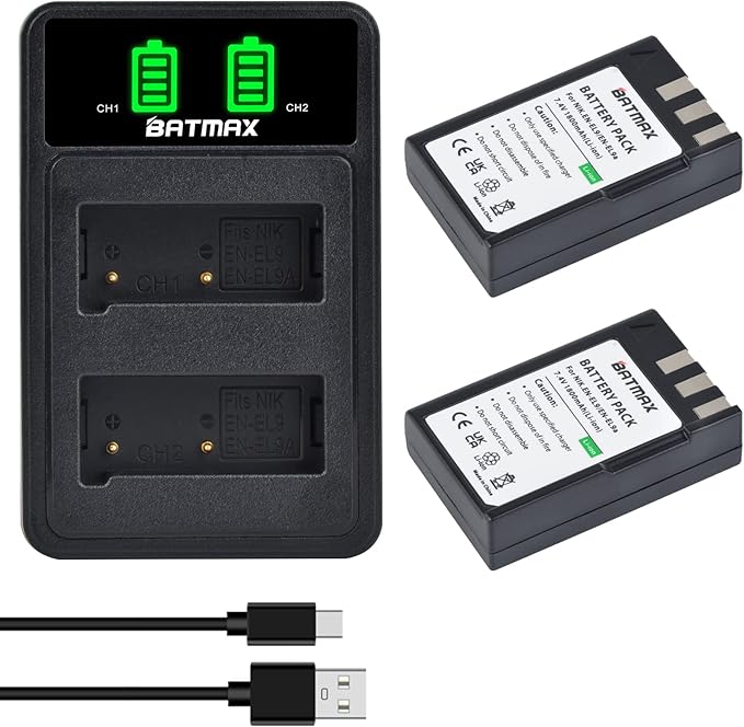 Batmax EN-EL9 Battery(2-Pack) and Compact USB Dual Charger for Nikon EN-EL9, EN-EL9a and Nikon D40 D40x D60 D3000 D5000 Cameras