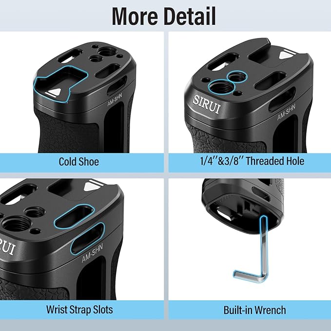 SIRUI Locating Side Handle for ARRI or NATO Mount Optional, Lightweight Camera Cage Handle Grip with Built-in Wrench, Cold Shoe, and Threaded Holes, Up and Down Adjustable, Black, AM-SHN, Pack of 1