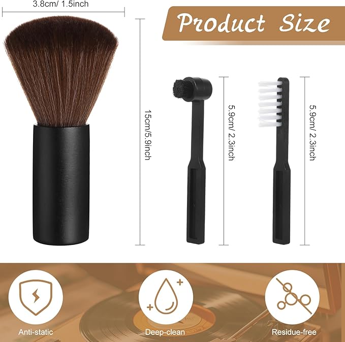 3 Pcs Vinyl Record Cleaning Brush Wooden Anti Static Dust Record Vinyl Cleaner Kit Player Accessories Gift for Music Lovers(Black)