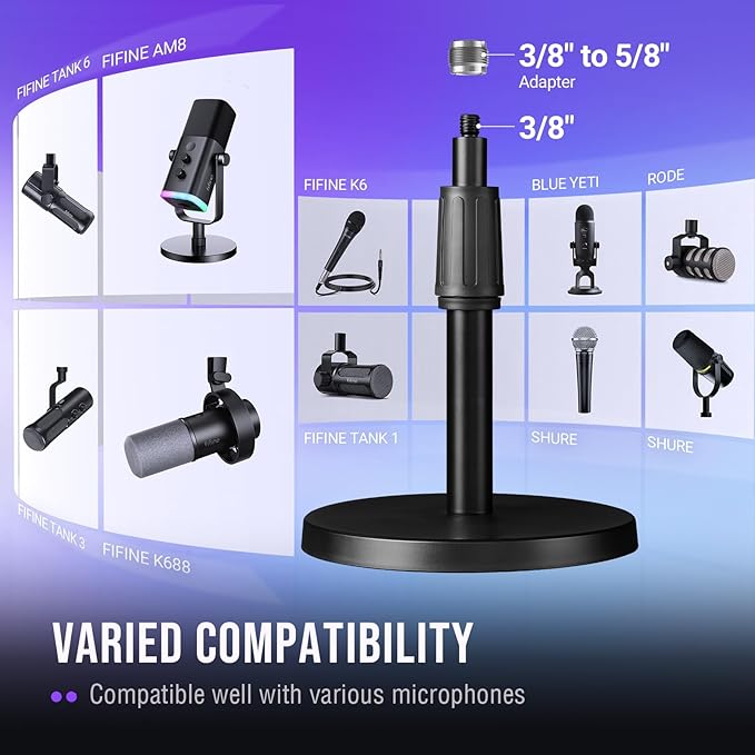 FIFINE Desktop Microphone Stand, Heavy-Duty Metal Adjustable Table Mic Stand with 5/8" Male to 3/8" Female Screw Adapter, 4 Non-Slip Pads Compatible with Microphones for Recording, Streaming-BS1
