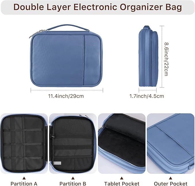 Dadanism Electronics Travel Organizer Case, Double Layers Cord Organizer Travel All-in-One Storage Bag for Cable, Cord, iPad, Chargers, fits 9-11'' Tablets, Portable Tech Accessories Bag, Blue