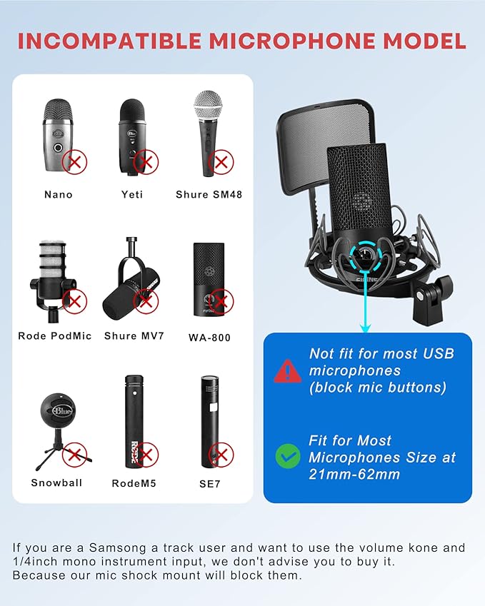 Universal Microphone Shock Mount with Pop Filter for Condenser Microphones Size at 21-62mm Anti-Vibration Mic Holder Clip(Black)