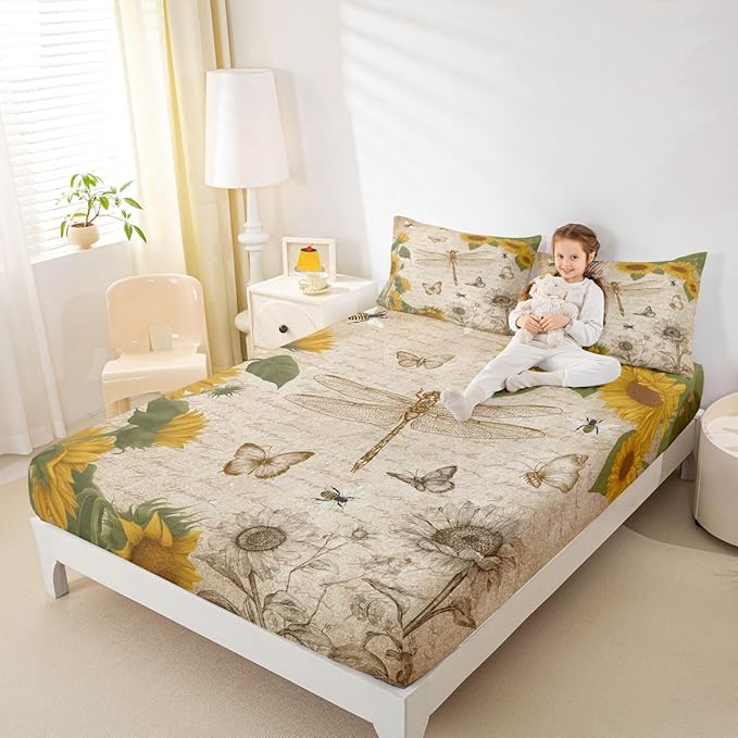 Dragonfly Twin Sheet Set Botanical Floral Fitted Sheet Sunflower Bedding Sets for Boys Girls Vintage Style Bed Sheet Wild Animals Dragonfly Flat Sheet Field Floral Fresh Natural Pastoral Bedding
