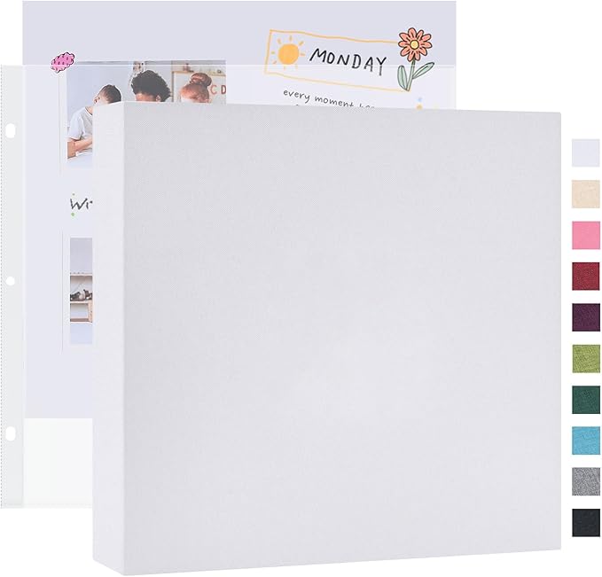 Mublalbum 8x8 Inch Small 3 Ring DIY Scrapbook Photo Album with 20 Plastic Sleeves 40 Pages Linen Cover Folder Binder for Baby Travel Wedding Anniversary and DIY Projects (White)