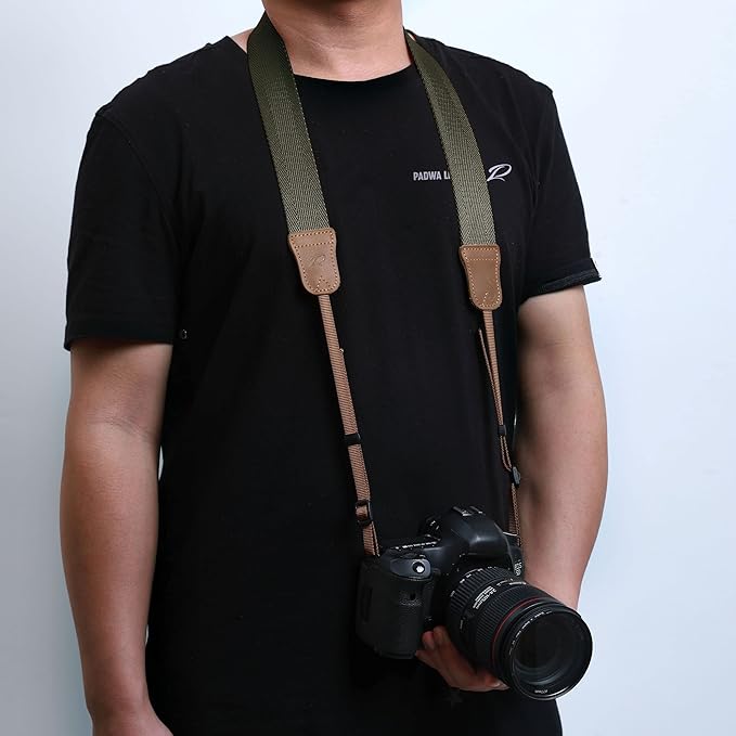 Olive Green Camera Strap,Double Layer top-grain Cowhide Ends,1.5"Wide Pure Cotton Woven Camera Strap,Adjustable Universal Neck & Shoulder Strap for All DSLR Cameras,Great Gift for Photographers