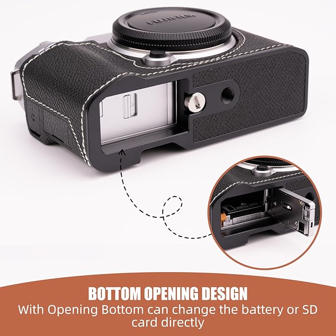 Handmade Genuine Leather Camera Half Case for Fujifilm X-M5/Fujifilm X-M5 Case - Top Layer Cowhide Body + Metal Base Plate (Black)