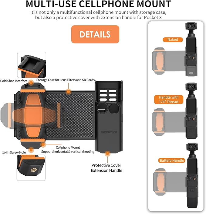 CAPART Phone Holder Mount for DJI OSMO Pocket 3, Expansion Adapter with Cold Shoe Compatible Tripod Selfie Stick Microphone Fill Light