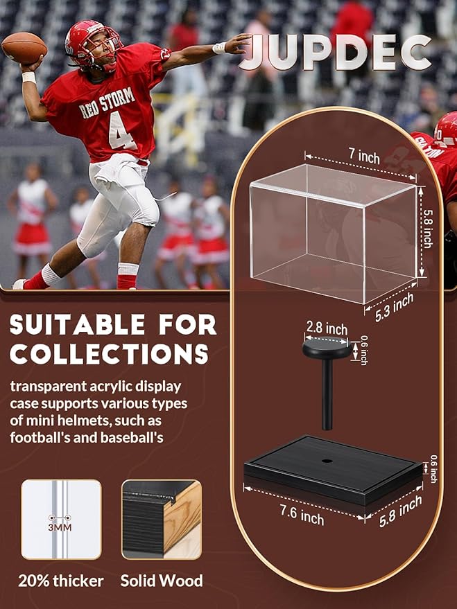 JupDec Mini Helmet Display Case, Acrylic Clear 1/2 Football Baseball Helmet Showcase, UV Protection Collectibles Box with Solid Wood Base & Riser, Ideal Gift for Sports Fans, Black,2 Pack