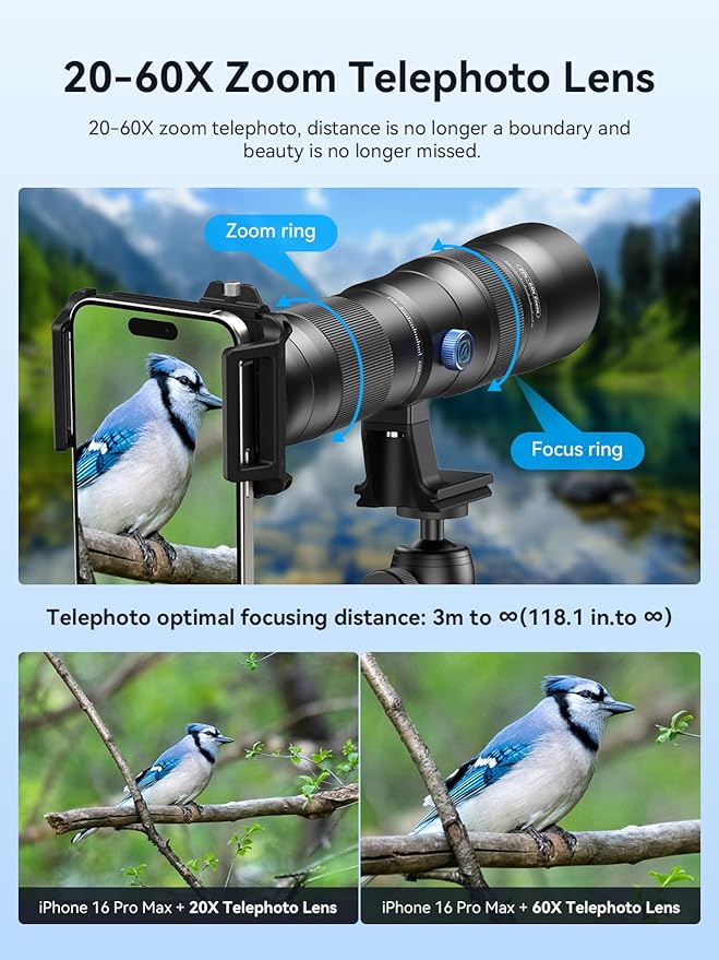 MIAO LAB 20-60X Zoom Telephoto Lens for Smartphones | High-Power Phone Lens Kit with Tripod & Universal Clip | Compatible with iPhone 17/16/15/14/13 Series, Samsung & Android Devices