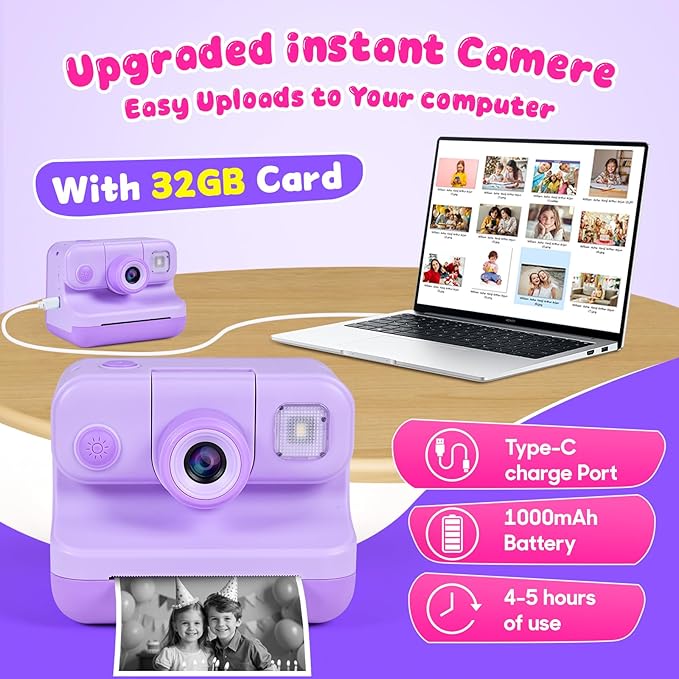 Kids Instant Print Camera, 30MP 1080P HD Digital Camera for Boys Girls with Color Pens & 32GB Card, Christmas Birthday Gifts Kids Toys for 3-12 Years Old (Purple)