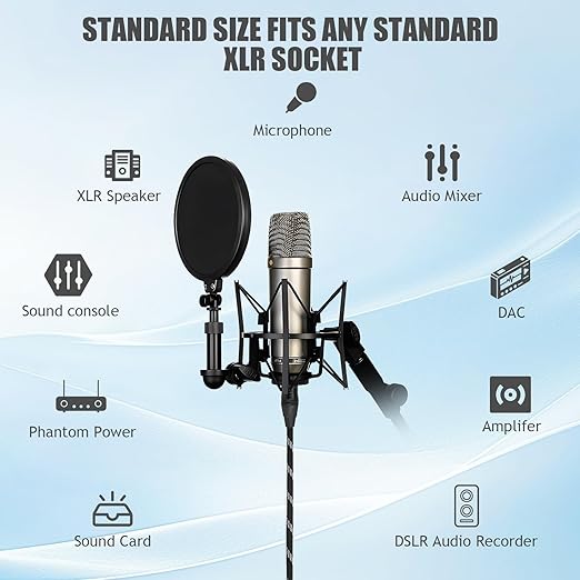 Pro XLR Cables - 1 Pack: 6ft Quad-Core Twisted Dual-Shielded Nylon-Braided Oxygen-Free Copper (OFC) 3-Pin Male-to-Female Microphone Cables