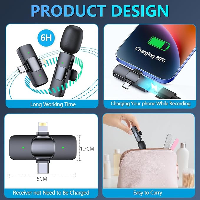 RICCHI Wireless Microphone for iPhone, iPad and Android Phone, 2pcs Professional Mini Microphone Plug-Play Clip on Mics for Vlogging, YouTube, Interview, Live Streaming