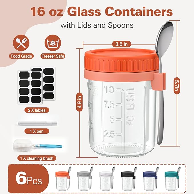 Cozyverge 6 Pack Overnight Oats Containers with Lids and Spoons, 16 oz Airtight Oatmeal Container with Measurement Marks, Overnight Oats Jars for Cereal Fruit Vegetable Milk Salad Yogurt Meal Prep