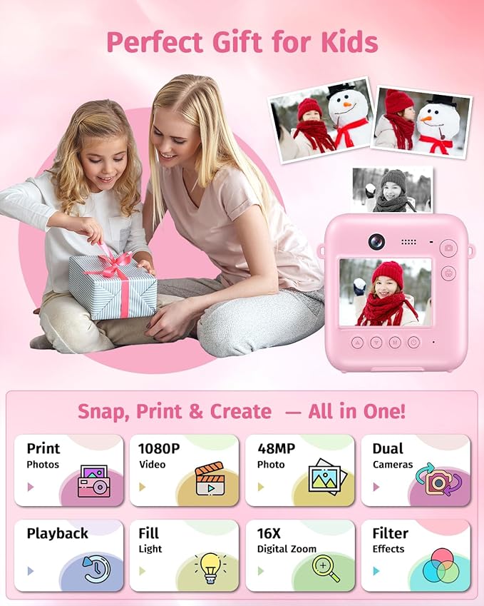 Instant Camera, Dual-Lens Kids Camera Instant Print for Boys Girls Christmas Birthday Gifts, 1080P Digital Cameras for Kids Teens with Print Paper, 32GB Card, Toddle Toy for Age 4-12 Years(Pink)